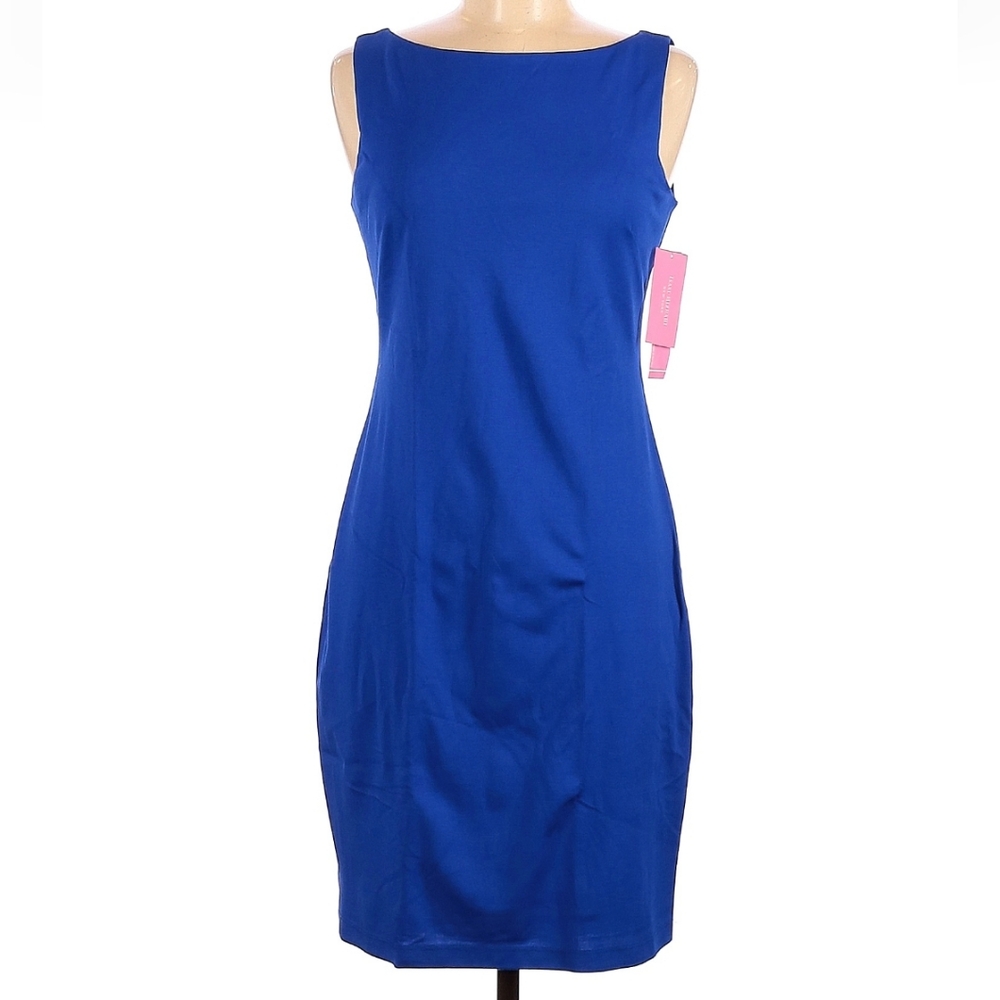 NWT Isaac Mizrahi Sheath Dress size 6 Boat Neck Scoop Back Stretch In Royal Blue